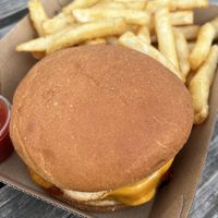 Cheese burger + chips.   at Bonorong Wildlife Sanctuary Kiosk and Shop in Brighton