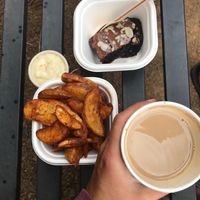 Wedges, aioli, warmed up brownie, soy coffee. at Bonorong Wildlife Sanctuary Kiosk and Shop in Brighton