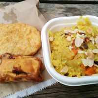 potato cake, dim sum roll and Indian coconut rice at Bonorong Wildlife Sanctuary Kiosk and Shop in Brighton