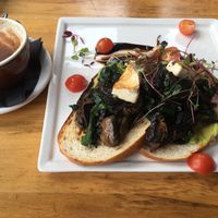 Gucc-a-vegan special. Mushrooms, spinach, avo and tofu on sourdough.  at Reflections Restaurant in Lake Tekapo