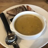 Soup of the day (vegan potato, leek and corn). The bread is amazing at Reflections Restaurant in Lake Tekapo