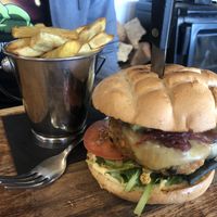 Black Bean and Red Lentil Burger (vegan upon request) with sweet potato fries  at Reflections Restaurant in Lake Tekapo