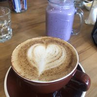 Oat milk coffee and Berry Blast Smoothie (vegan) at Reflections Restaurant in Lake Tekapo