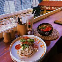 Mushrooms on toast and tropical smoothie bowl  at Cafe Secret Alley in Kandy