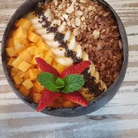 Vegan mango and banana smoothie bowl :) at Cafe Secret Alley in Kandy