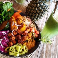 Delicious and colorful bliss bowl with tofu and an assortment of veggies. at Cafe Secret Alley in Kandy