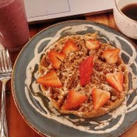 Tree Hugger waffle and blueberry basil smoothie at Surya Cafe in Fitchburg