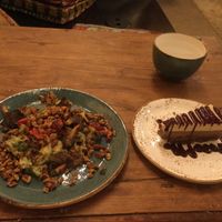 Zoodle Alfredo and chocolate peanut butter cheesecake  at Surya Cafe in Fitchburg