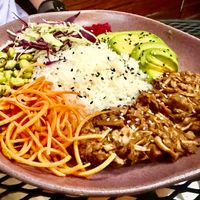 Cacao BBQ Jackfruit Bowl ($15) (house-grown jackfruit in a cacao BBQ sauce, with jasmine rice, carrots, cabbage, avocado, edamame, and pickled onions). at Mahalo in Panama City
