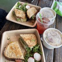 Green goddess, vegan blt, prickles pear palmers, potato salads  at Frontier Cafe in Yucca Valley
