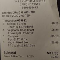 Pricing (not the same as their online Menu) at Mithai Indian Cafe in Cary