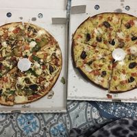 Vegan Works (w added Oliana feta) and Vegan Greek (right) at Hilton Pizza in Hilton