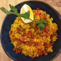 Paella with vegan "chicken " and "chorizo" at Green Love in Marseille