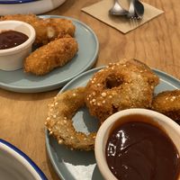 Croquettes and onion rings.  at Green Love in Marseille