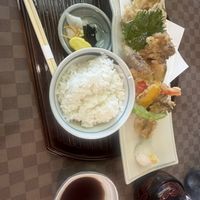 Veggie tempura with rice and miso soup   at Yamaichi Bekkan in Miyajima