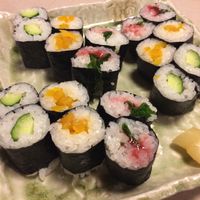 Cucumber roll, turmeric pickled daikon roll, ume shiso roll.  at Yamaichi Bekkan in Miyajima