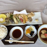 Tempura set, with additional order of tofu! at Yamaichi Bekkan in Miyajima