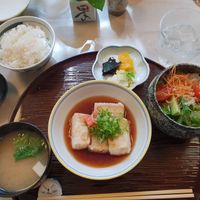 Vegan fried tofu dish at Yamaichi Bekkan in Miyajima