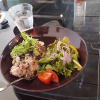 Red rice soymilk risotto with side salad at Cafe Lente in Miyajima