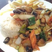 Stir-fry with rice/chips and vegetables, with a mushroom sauce. at Lotus in Kilkenny