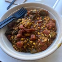 Lentil and eggplant stew over brown rice at Saffron Cafe in Monterey