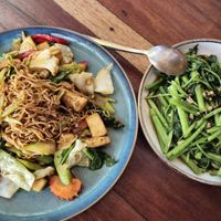 Stir fried noodles with veggies and tofu and fried morning glory (with miso) at Cafe del Sunshine in Koh Chang
