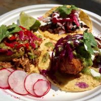 Vegan tacos: baja tofish, jackfruit pulled pork and carne asada seitan  at VFC by Club Mexicana in Newark