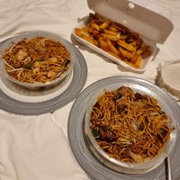 Vegan chicken chow mein, vegan beef chow mein, salt and pepper chips at Imperial Garden in Plymouth