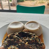 Pâte de Maïs + Sauce aux Épinards et Seitan (1.500 F) at Noble Veg in Lome