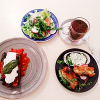 Mousaka and Spanikopita at Cafe Michaelangelo at Michelangelo Cafe in Tel Aviv