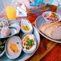 Breakfast dish: quinoa omelette and mediterranean dips at Michelangelo Cafe in Tel Aviv