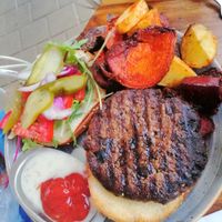 mushroom soya burger with roasted beets and sweet potato at Michelangelo Cafe in Tel Aviv