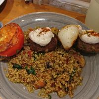 vegan kebab skewer served on a freaky  at Michelangelo Cafe in Tel Aviv