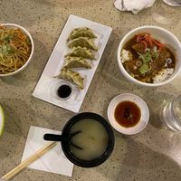 Noodles, dumplings, pumpkin katsu curry, meso.  #Veganuary at LHR - YO! Sushi - T2 in West London