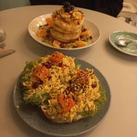 Pancake tower and scrambled tofu toast at Glow in Luxembourg City