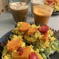 Bulletproof coffee, chai latte and tofu scramble sandwich   at Glow in Luxembourg City