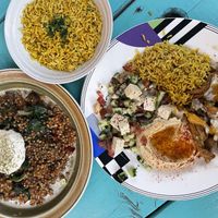 Shawarma plate and Mystical Forest plate with a side of rice at Aviv - Old Town in Portland