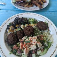 Falafel bowl and burger at Aviv - Old Town in Portland