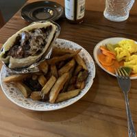 Jackfruit pita and fries and pickled veggies  at Aviv - Old Town in Portland