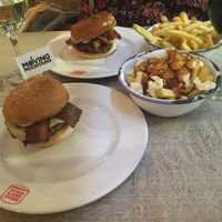 Vegan cheeseburger with “bacon” and vegan poutine  at Bread Meats Bread - St Vincent St in Glasgow