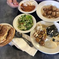 Soup, falafel platter, sampler, pita, and side salad at Ray Adea's Mediterranean Kitchen in Salem