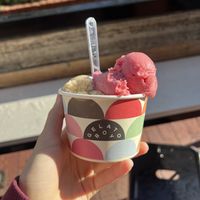 dark chocolate (underneath), caramelized banana cake, strawberry  at Gelato Boy - Pearl in Boulder