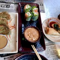 vegan dumplings (wasabi), tofu spring rolls with peanut sauce and fried spring rolls at Myers + Chang in Boston