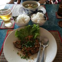 "Copy fish" with garlic and "copy pork" curry at Naga Cafe & Bar in Koh Chang