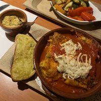 Vegan lasagne with garlic bread and nutritional yeast at Marcellos of Douglas in Cork