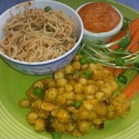Thai - style noodles and curried garbanzos at Desert Roots Kitchen in Tempe