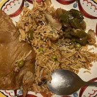 Samosa, biryani and bhindi  at Little Aladdin in Manchester