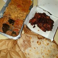 3 curries (cabbage, chickpeas, eggplant), onion bhaji, roti at Little Aladdin in Manchester