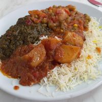 3 vegan curries on rice. There was a choice of about 6 or 7 at Little Aladdin in Manchester