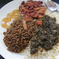 Rice and three. Littlensngo sauce on the top left there. at Little Aladdin in Manchester